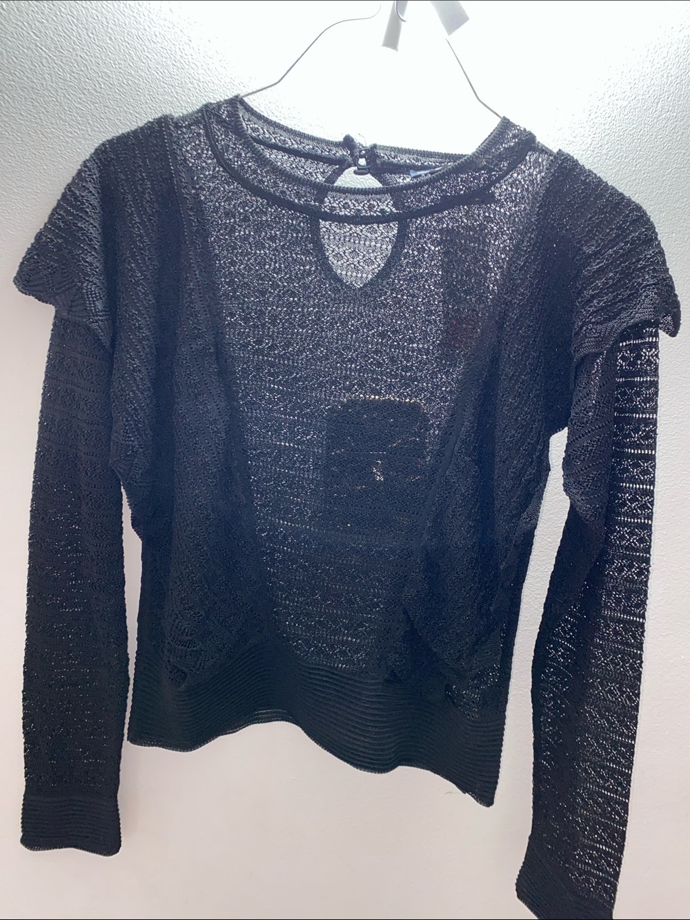 Zara Black Ruffled Knit Sweater size Medium detailed front NWT